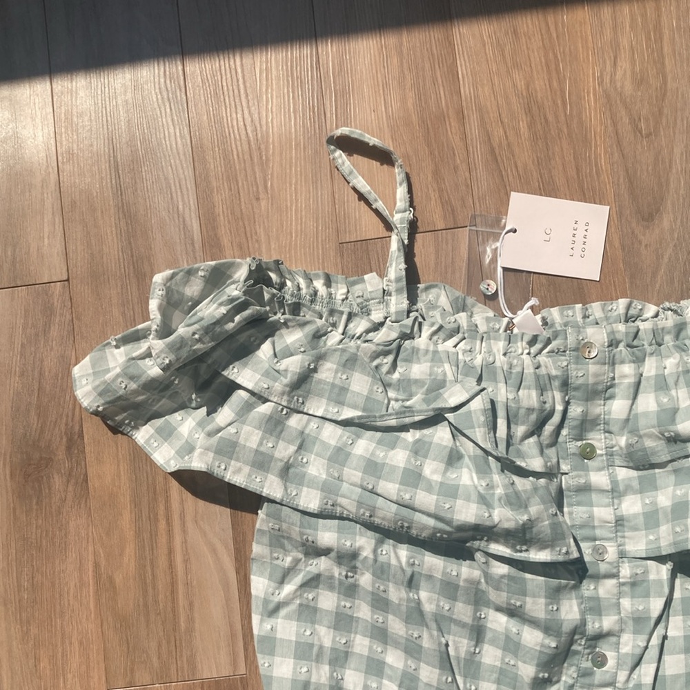 LC Lauren Conrad off the shoulder textured check w ruffle top L - Picture 5 of 16